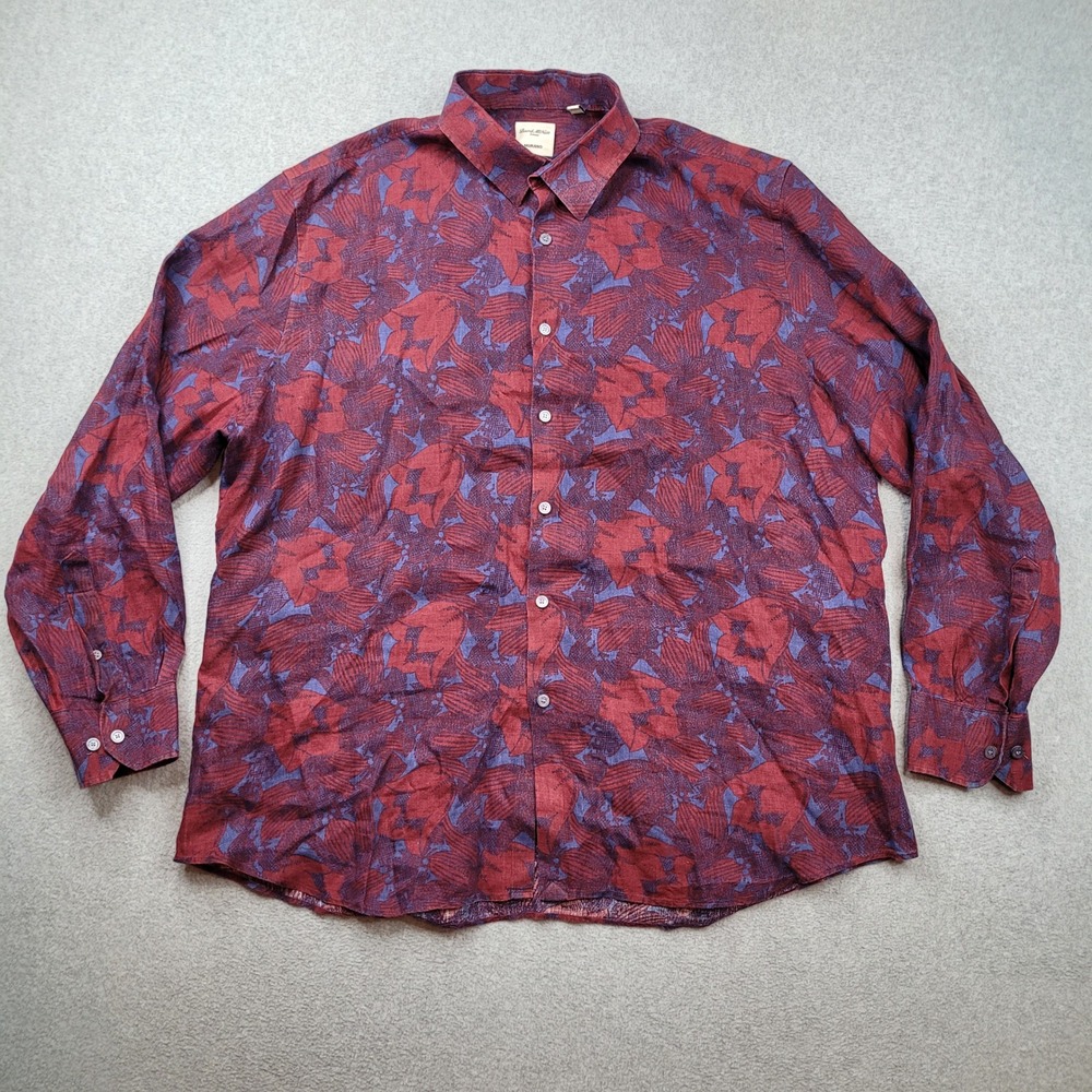 Baird McNutt Linen Murano Shirt Mens XL Red Roses Button Down Long Sleeve